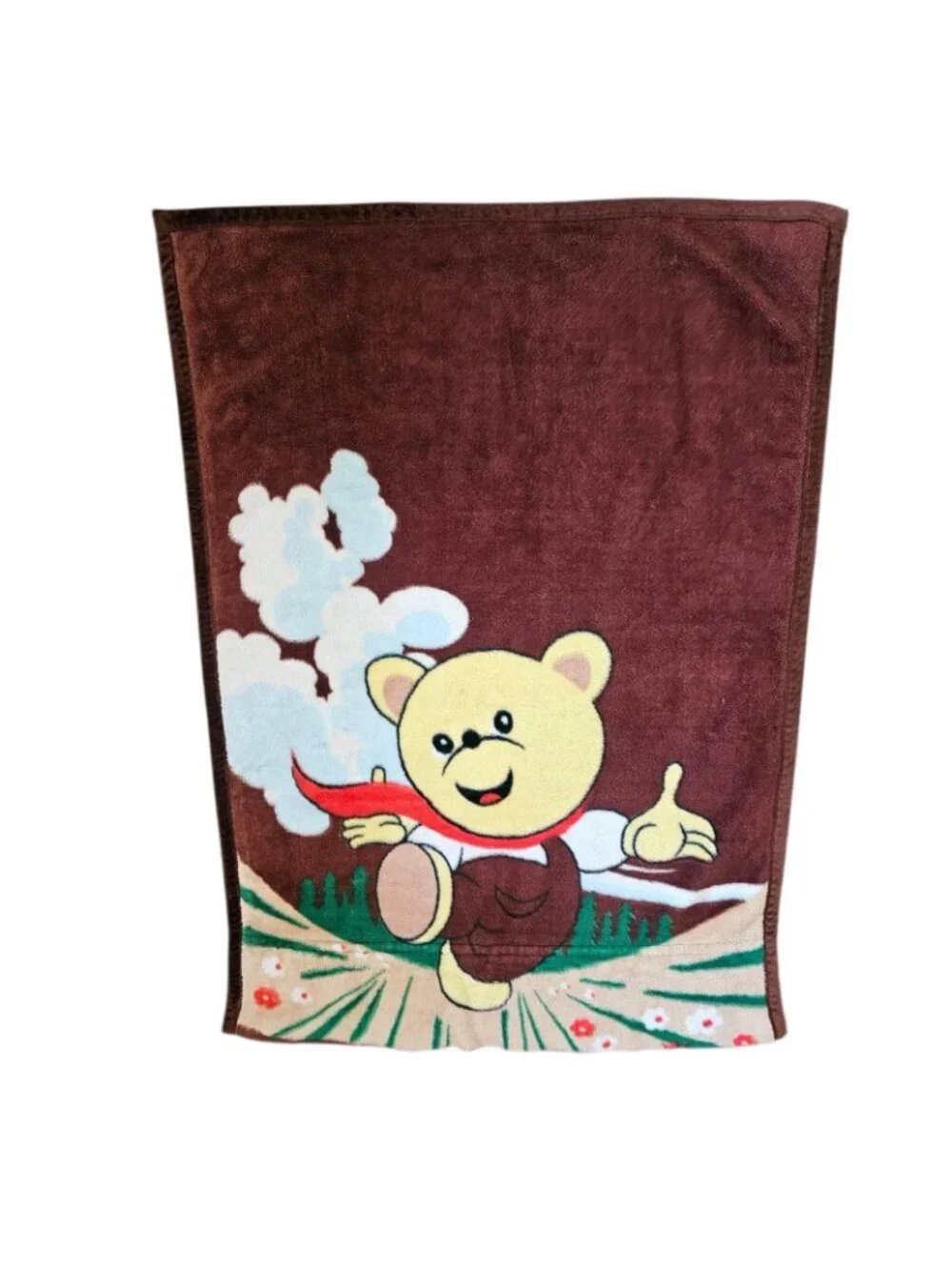 VTG Bear With Scarf Mink Baby Blanket‎ Kids Brown 39x55 Inches Velvet Trim